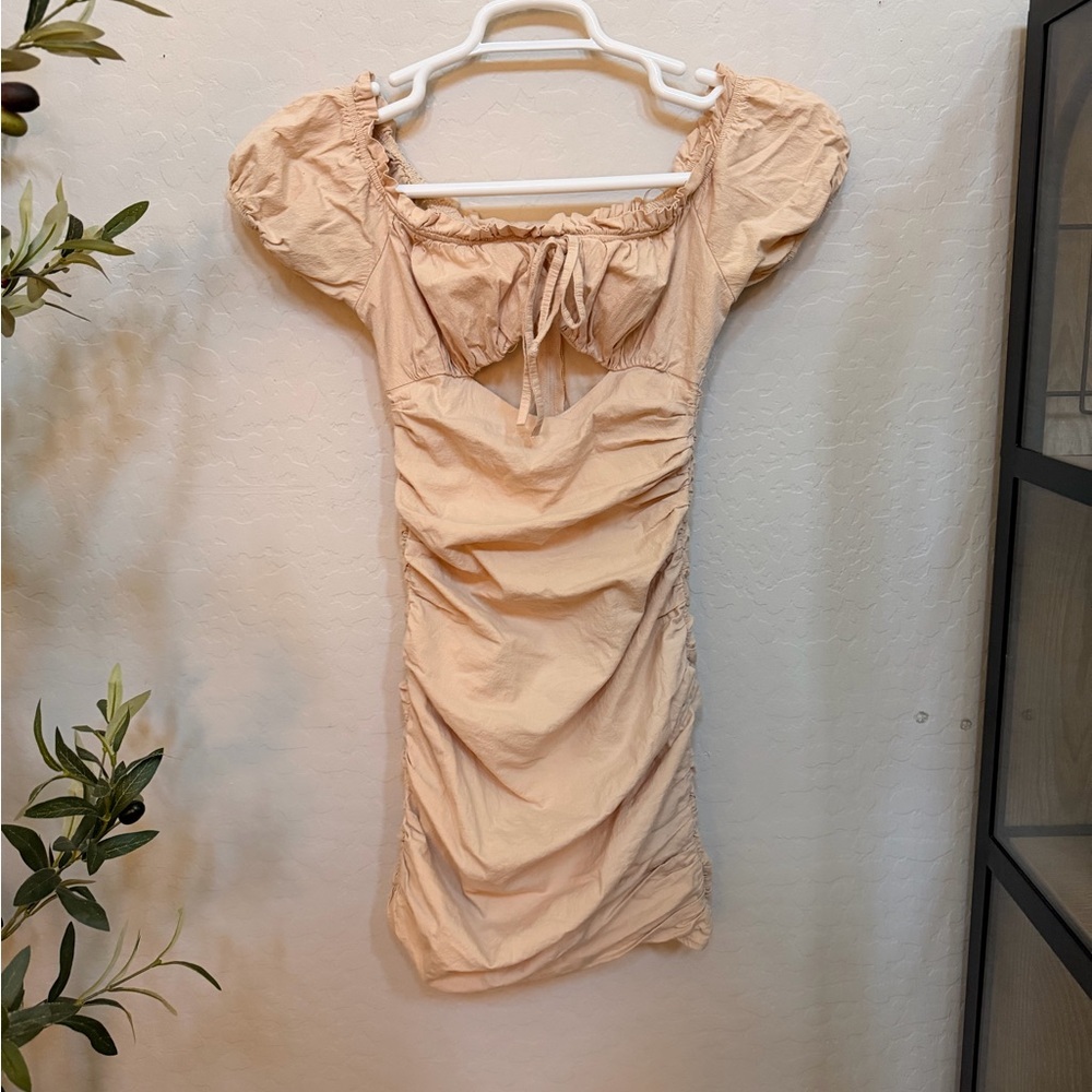 privy Neutral Beige Ruched Mini Dress
